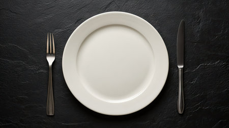 A pristine empty white plate positioned with a fork and knife on a dark stone surface, perfect for showcasing food presentation and culinary creativity.の素材