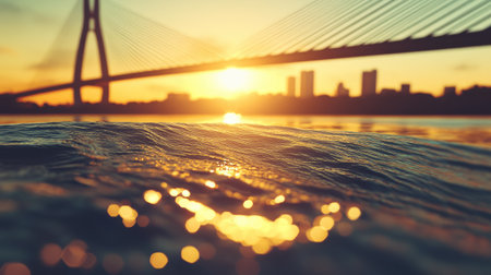 A breathtaking sunset view showcasing gentle waves with a serene city skyline and a bridge silhouetted against a warm, colorful sky, creating a peaceful atmosphere.の素材