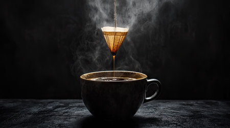 A captivating image of dark coffee brewing process with steam rising from a cup, creating an inviting atmosphere that emphasizes the richness and warmth of the beverage.の素材