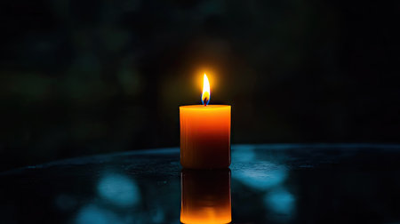 A solitary orange candle emits a warm flame, reflected softly on a dark surface, evoking feelings of tranquility and inviting moments of relaxation and peace.の素材