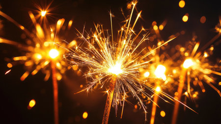 A close-up view of sparkling fireworks creating a mesmerizing display of light against a dark background. Perfect for themes related to celebration and joy.の素材