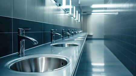 This image showcases a modern public restroom featuring multiple stainless steel sinks, clear lines, and contemporary lighting in a clean, minimalistic setting.の素材