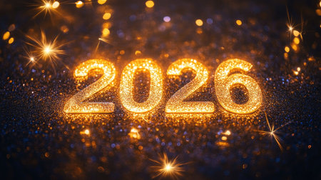 Celebrate the arrival of 2026 with this stunning image featuring sparkling gold numbers on a shimmering background, perfect for conveying festive cheer and inspiration.の素材