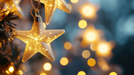 Beautiful shimmering star ornaments hanging against a dreamy backdrop of blurred lights, creating a magical and festive atmosphere for the holiday season.の素材