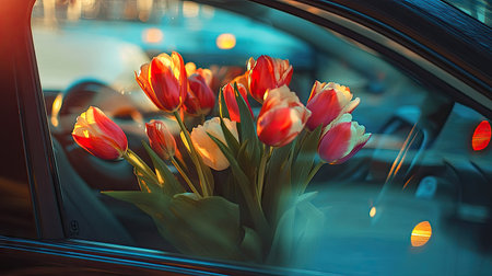 A stunning bouquet of vibrant red and white tulips sits in a car window, capturing the essence of spring and urban life during a beautiful sunset. Perfect for seasonal themes.の素材