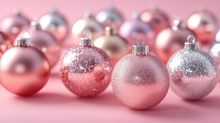 Explore a charming collection of Christmas ornaments in soft pink, silver, and gold, perfect for adding festive flair and sparkle to holiday decorations and gatherings.の素材