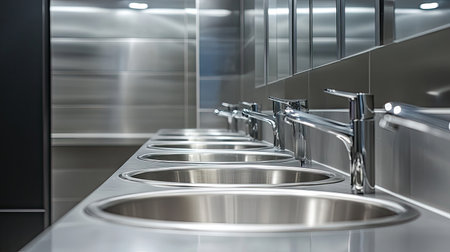 This image showcases a modern commercial bathroom featuring stainless steel sinks and mirrors, emphasizing hygiene and contemporary design in a sleek space.の素材