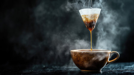 This captivating image highlights the coffee brewing process with a steaming cup below a dripper. The close-up emphasizes rich colors and inviting atmosphere.の素材