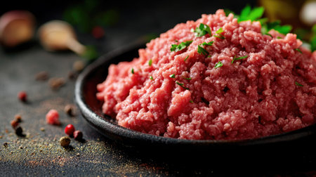A close-up view of freshly ground raw meat placed on a dark surface, garnished with herbs and spices, perfect for culinary projects or restaurant use.の素材