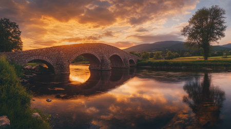 A picturesque sunset scene featuring a historic stone bridge gently arching over a tranquil river, surrounded by lush greenery and majestic mountains, creating a serene atmosphere.の素材