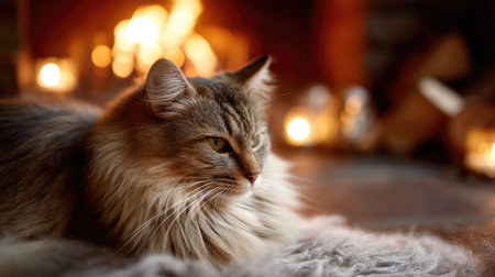 Soft and fluffy long-haired cat resting by the fireplace, its fur glowing in the warmth of the roomの素材