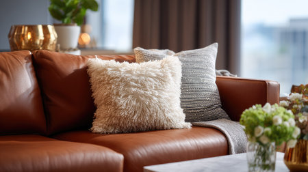 Soft, plush pillow on a leather sofa, surrounded by modern accents and a warm, welcoming ambianceの素材