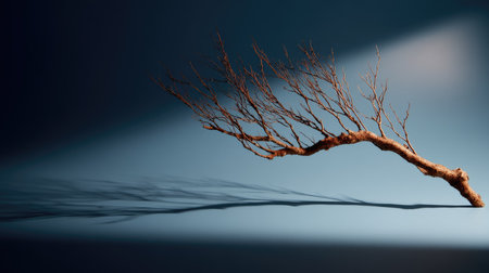 Sparse, dry tree limb floating above a deep matte background with high shadow contrastの素材