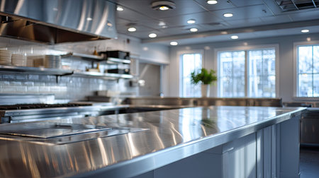 Shiny stainless steel island table in a spotless commercial kitchen, reflecting overhead lights and ready for food prepの素材