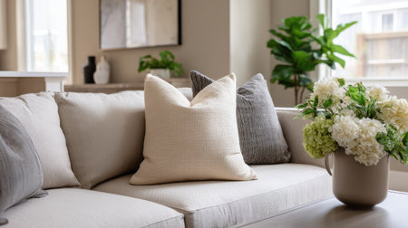 Soft beige pillow on a couch in an inviting living room, with a calm and neutral interior designの素材