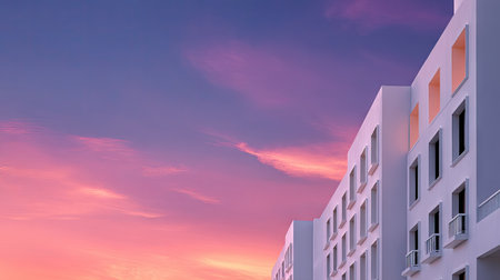 Side profile of a white hotel exterior with repeating window shapes set under a vibrant skyの素材