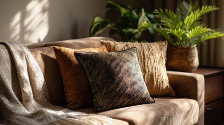Soft pillow on a couch in a well-decorated living room, with a warm, inviting look and natural texturesの素材