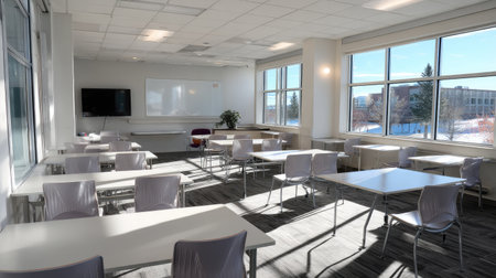 Spacious classroom with modern furniture and clean lines, no students or teachersの素材