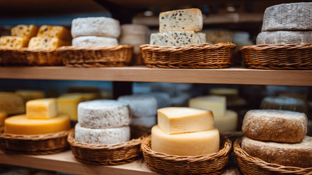 Shelves in a cheese store displaying a wide selection of cheeses, ranging from soft to hard, each one looking fresh and appetizingの素材