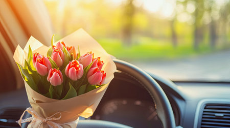 A lovely bouquet of pink tulips sits gracefully on a car dashboard, illuminated by gentle sunlight, enhancing the beauty of the journey on a spring day.の素材