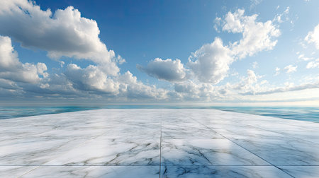 Smooth white marble floor extending toward the horizon, set against a peaceful sky filled with fluffy white cloudsの素材