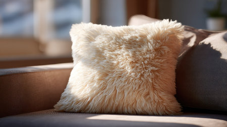 Soft, plush pillow resting on a cozy sofa in a well-lit living room, inviting comfort and relaxationの素材