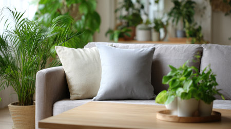 Simple soft pillow on a fabric sofa with a wooden coffee table and house plants in the backgroundの素材