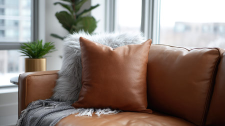 Soft, plush pillow on a leather sofa, surrounded by modern accents and a warm, welcoming ambianceの素材