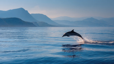 Single striped dolphin in a high leap, silhouetted against the horizon and clear azure seaの素材