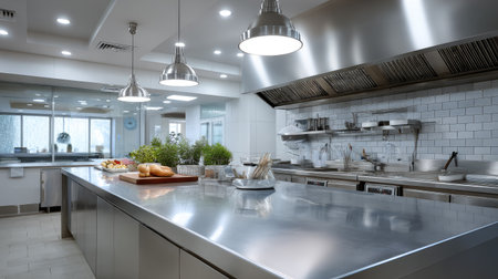 Stainless steel island table under pendant lights in a spacious commercial kitchen, ready for chefsの素材
