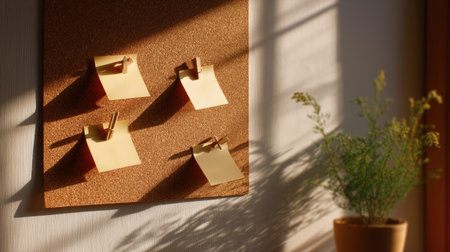 Side-angle view of a cork board with pinned blank notes catching warm natural light from a windowの素材
