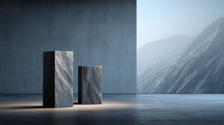 Split granite podium in dramatic composition, minimalist background for bold productsの素材