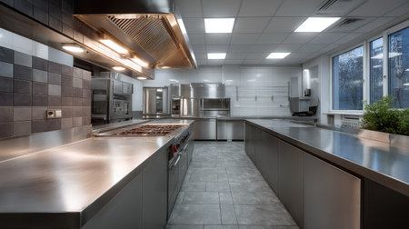 Sleek stainless steel island counter under fluorescent lighting, empty prep space in a commercial settingの素材