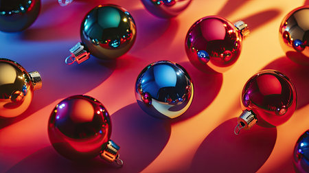 A stunning arrangement of colorful Christmas ornaments displayed on a bright background. The shiny surfaces create beautiful reflections and shadows, enhancing the festive atmosphere.の素材