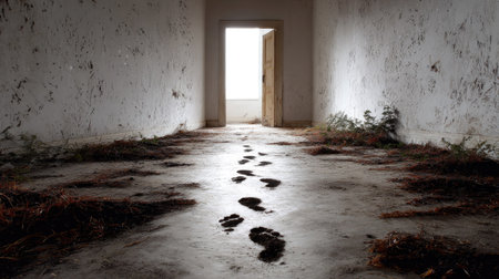 Splattered muddy prints leading into an empty room, showing the impression of human presenceの素材