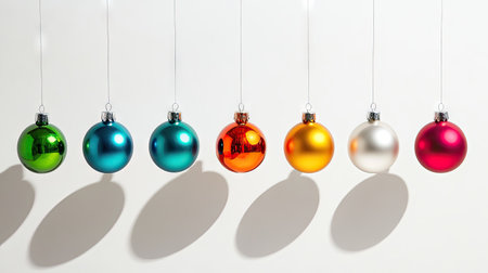 A vibrant collection of colorful Christmas ornaments hanging elegantly, each casting its unique shadow against a soft background, perfect for holiday themes.の素材