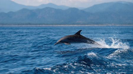 Single striped dolphin in a high leap, silhouetted against the horizon and clear azure seaの素材