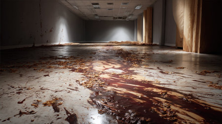 Splattered muddy prints leading into an empty room, showing the impression of human presenceの素材