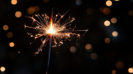 A bright sparkler ignites joy and excitement in a celebratory event. Glowing sparks illuminate a dark background, creating a festive atmosphere filled with energy.の素材