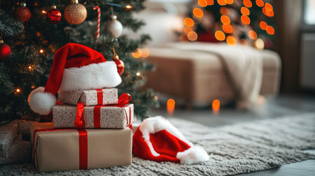 A cozy living room decorated for Christmas, featuring a beautifully adorned tree, wrapped gifts, and a Santa hat, creating a warm holiday atmosphere.の素材