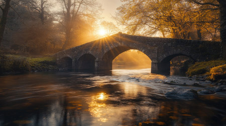 Capture the tranquil beauty of a golden sunrise over an ancient stone bridge, reflecting in the peaceful river surrounded by vibrant autumn colors and mist.の素材
