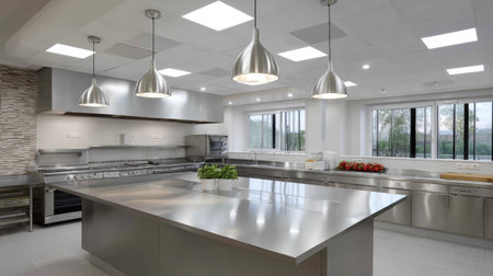 Stainless steel island table under pendant lights in a spacious commercial kitchen, ready for chefsの素材