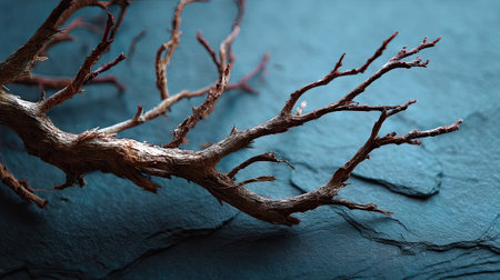 Close-up of a brittle branch from a dead tree on deep slate backdrop, emphasizing texture and decayの素材