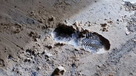 Close-up of a detailed mud footprint with visible shoe tread patterns on a concrete floorの素材