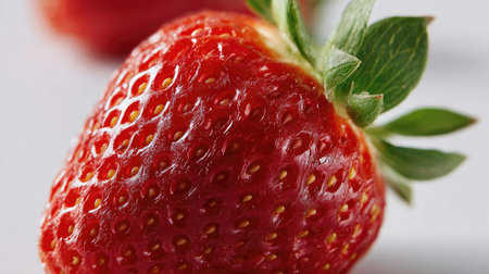 Close-up of a perfectly ripe strawberry showing fine details of its texture and seeds, isolated on a white backgroundの素材