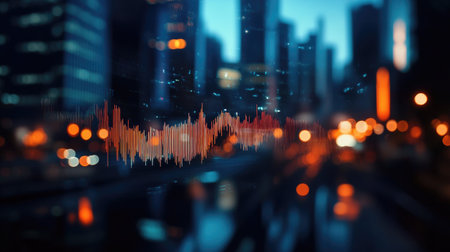 Isolated waveform floating over a blurred cityscape at night, blending sound visualization with urban ambienceの素材