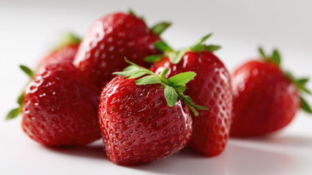 Close-up of a handful of ripe, fresh strawberries with vibrant red color, isolated on a clean white backgroundの素材