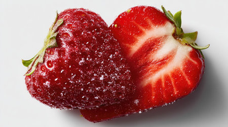 Close-up of a sliced strawberry with a bright red interior, isolated on a pure white backgroundの素材