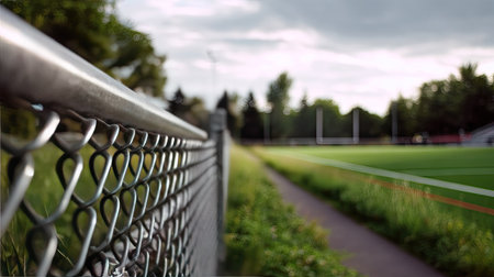 Close-up of a metal mesh fence with a blurry view of a football field beyond, the goalposts and grass visible through the gapsの素材