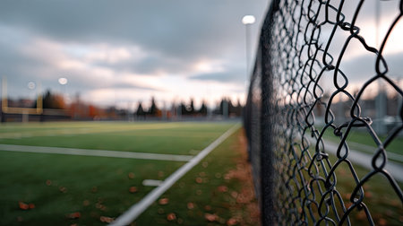 Close-up of a metal mesh fence with a blurry view of a football field beyond, the goalposts and grass visible through the gapsの素材